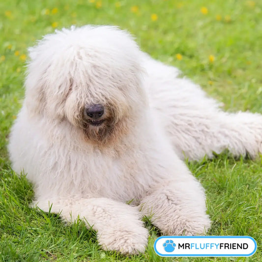 Ein flauschiger weißer Komondor, der auf grünem Gras ruht, und zeigt, dass selbst die zotteligsten großen Hunderassen nicht haaren